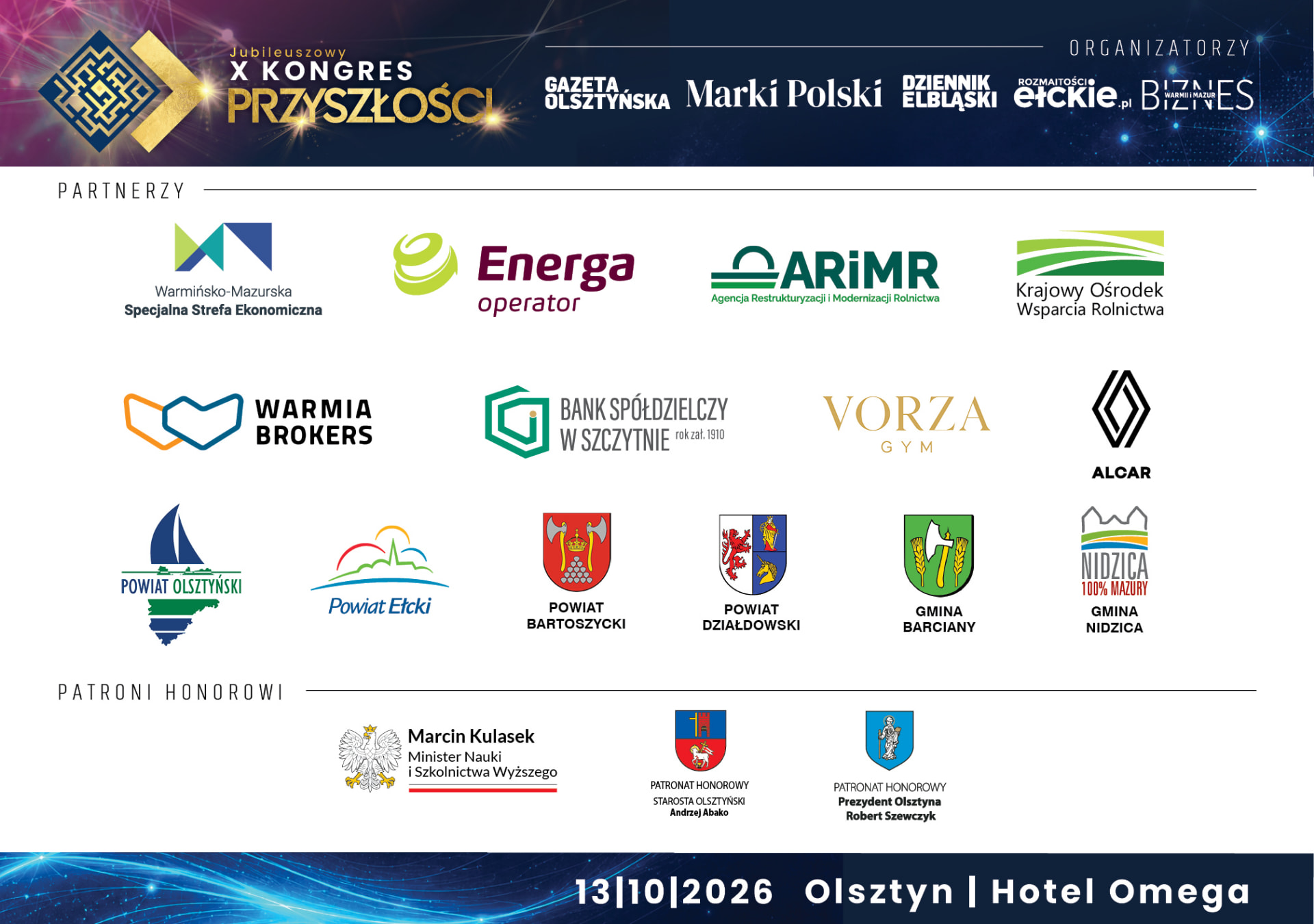 Plansza partnerów i patronów X Jubileuszowego Kongresu Przyszłości — organizatorzy, partnerzy i patroni honorowi